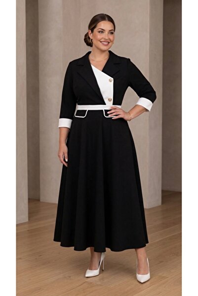 Meddesa Rochie lungă neagră cu detalii albe și curea în talie