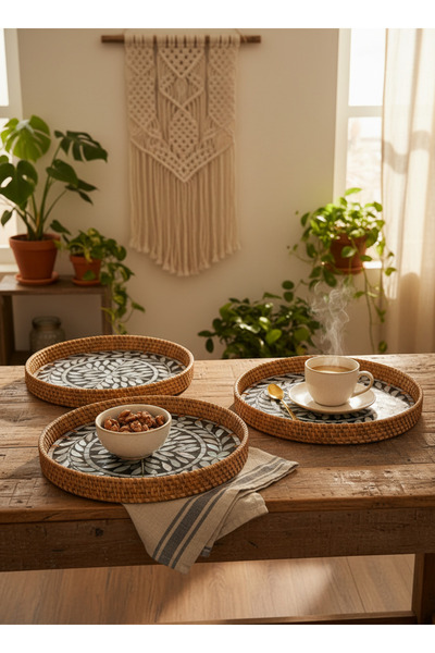 ZenGlow 3'lü Set El Yapımı Kakmalı Bambu Hasır Tepsi - Dekoratif Sunum ve Ser...
