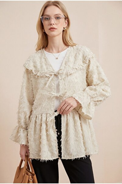 MissRunin önü Bağcıklı Tüylü Dokulu Clip Jakar Kimono