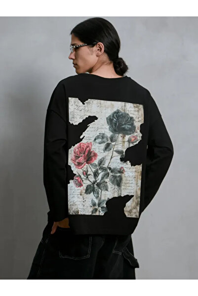 ELNOYA Black Oversize Sweatshirt with Rose Print on the Back