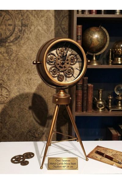 KOLAYEV Özel Tasarım Çarklı Metal Masa Saati Tripod Ayaklı Dekoratif Lüks Saa...