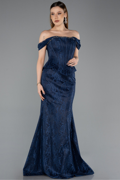 Abiyefon Lacivert Kayık Yaka Peplum Kesim Uzun Dantel Abiye Elbise ABU5609
