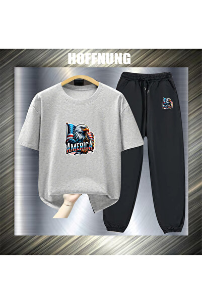 HOFFNUNG Unisex Casual Short Sleeve Set with Flag Eagle America Print Outdoor...