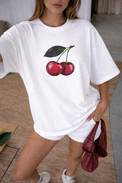 DEZZİİ Γυναικείο μπλουζάκι με στάμπα λευκού κερασιού σε μεγάλο μέγεθος