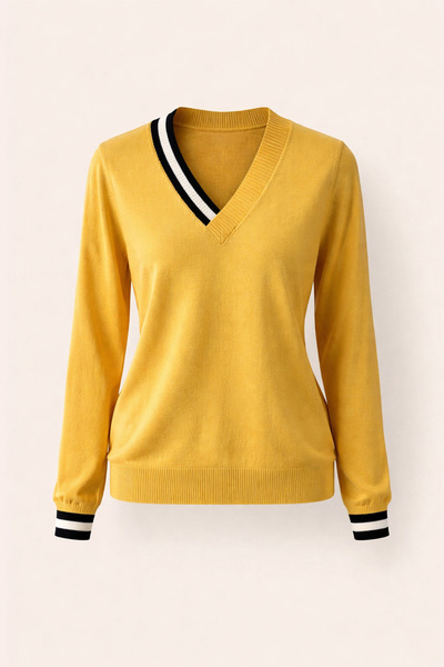 On Fashion Women's V-Neck Color Block Sweater - Yellow