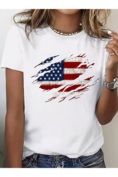 LİNA06 Graphic Print T-shirt, Short Sleeve Crew Neck Casual Top for Summer & ...