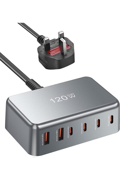 Generic محطة شحن سريع USB-C بقوة 120 واط، شاحن حائط GaN بـ 6 منافذ (4 منافذ U...