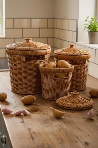 Saule 3 Lü Wicker Set 3 Boy Hasır Kapaklı Patates Soğan Mutfak Sunum Sebzelik...