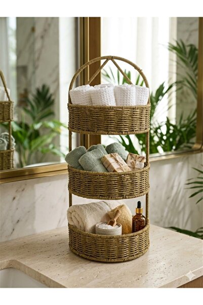 Saule Dekoratif 3 Katlı Rattan Havluluk ve Banyo Rafı - Doğal Hasır Şıklığı -...