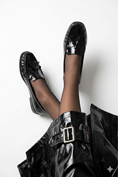 HVZ Exclusive Black Patent Leather Tasseled Women's Daily Comfortable Ergonom...