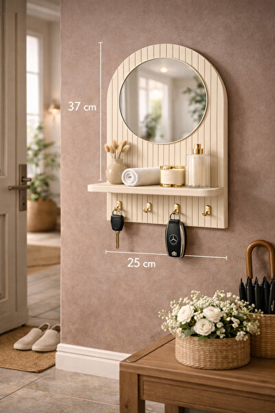 Trend Kitchen Elano Kırık Beyaz Premium Gold Askılı Anahtarlık & Raflı Duvar Organizeri Ve Hol Aynası