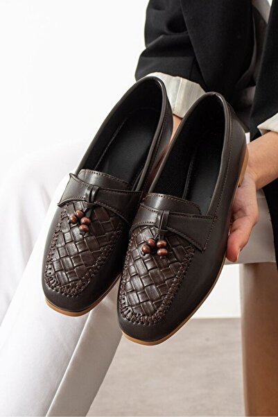 STOCON Novera Καφέ Πλεκτά Παπούτσια με Ραφές, Χάντρες και Φούντες, Loafer Μπα...