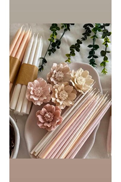 SCA CANDLE Dekoratif mum çiçek model koyu krem 3 Lü parça