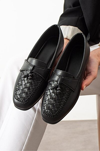 STOCON Novera Μαύρα Πλεκτά Παπούτσια με Φούντες και Χάντρες, Loafer Ballerina...