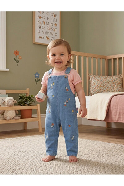 genybaby Kız Bebek Çiçek Nakışlı Kot Salopet Takım Tişörtlü 6-24 Ay