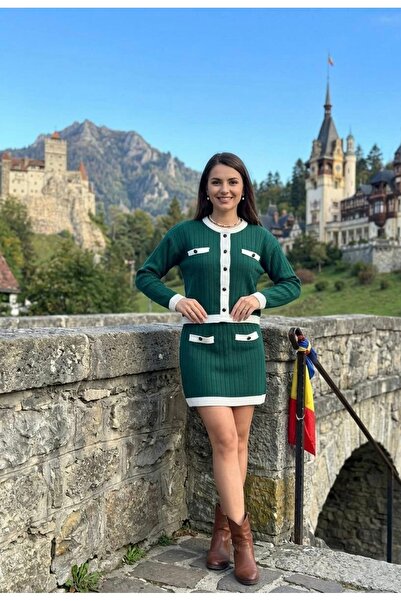 YusGos Дамски плетен комплект от жилетка с копчета и джобове и пола