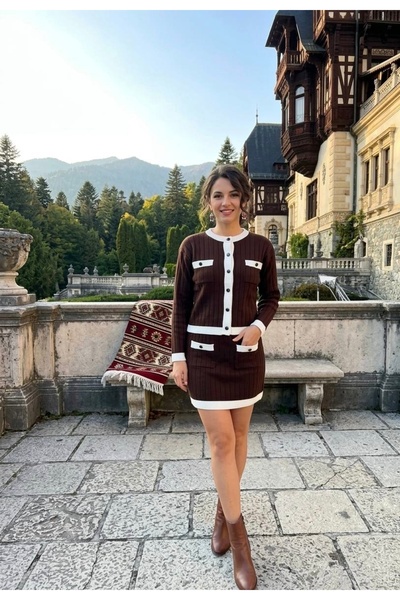 YusGos Women's Knitwear Pocket Detailed Buttoned Cardigan Skirt Top and Botto...