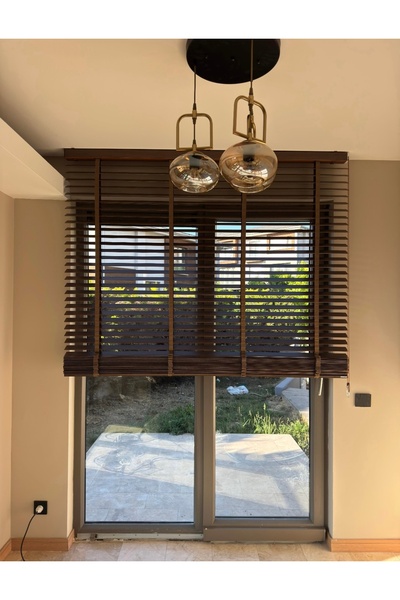 Asensan Perde % 100 Doğal Ahşap Jaluzi CEVİZ Renk 50 mm Kurdeleli İp Çekme Si...