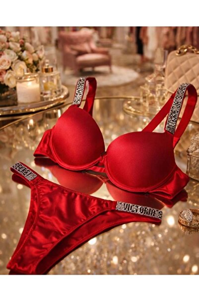 SATTENS Supportive Stone-Embellished Red Bra Set, Top and Bottom Set