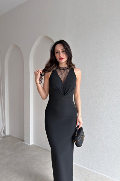 MOZENA Lace Detailed Midi Dress with Slit at the Back