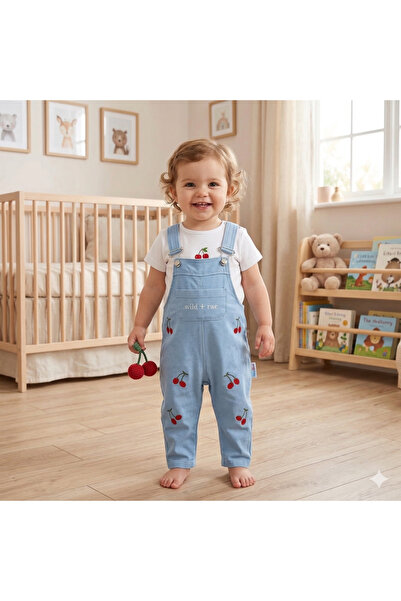 genybaby Baby Girl Cherry Embroidered Denim Salopet Set with White T-Shirt 6-...