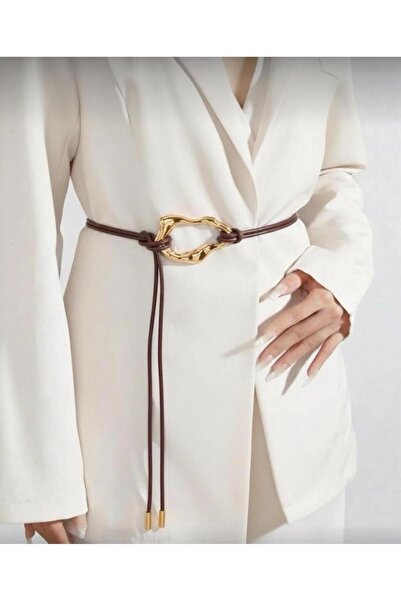 Mynoa Καφέ/Χρυσή ζώνη με λεπτομέρεια κόμπου με αγκράφα, γυναικεία ζώνη για πα...