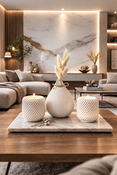 Misya DEKOR Luxe Aura Krem Mumluk & Vazo Seti | 2’li Mumluk + Vazo + Pamuk Ot...