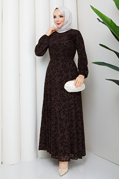 Pamuk Butik Kadın Kuşaklı Flok Baskılı Astarlı Tül Elbise