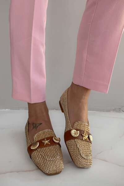 Shoebutik Shelby Wicker Natural Metal Buckle Detailed Women's Ballerinas