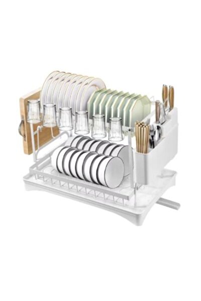 SimpluAcasa Tiered Dish Drainer, Premium Kitchen Organizer, White, with Cutle...