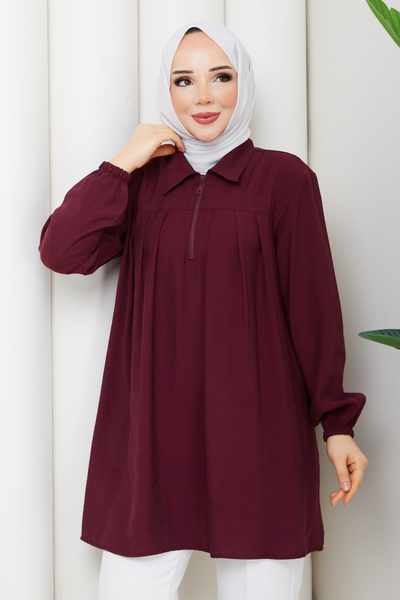 Pamuk Butik Women's Pleated Zipper Detailed Polo Collar Tunic