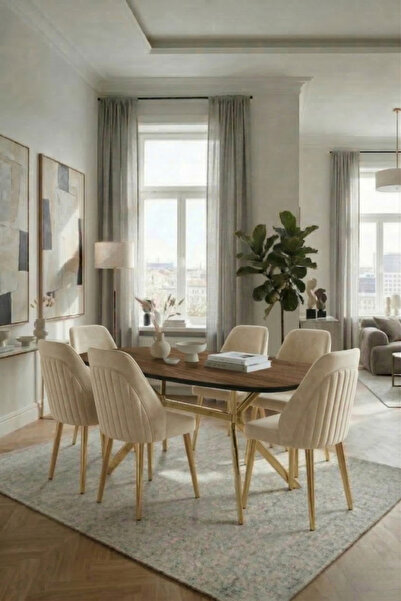 SANDERYA Node Serisi Gold Ayaklı Ceviz 85x170 Mutfak Salon Masa Takımı 6 Sand...