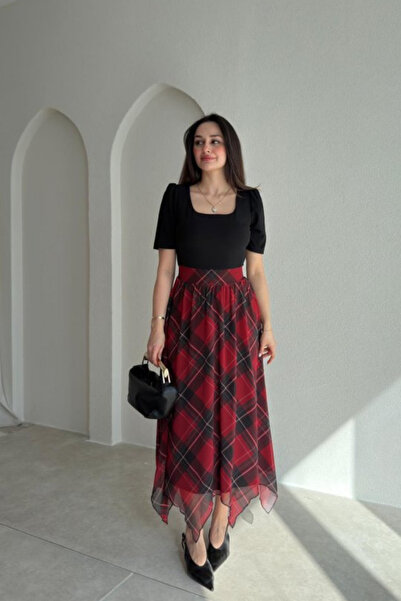MOZENA Square Neckline Skirt Asymmetrical Plaid Detailed Midi Dress