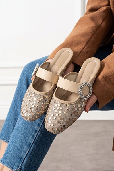 STOCON Falcon Beige Sequined Stone Buckle Stylish Daily Model Women's Slipper...