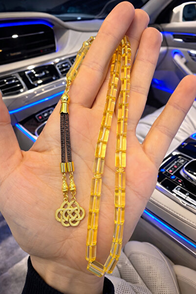 A-STİL TAKI Men's Gift Large Capsule Cut Double Tassel Gold Beirut Amber Pray...