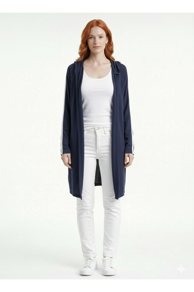 Neden Tekstil Γυναικεία ζακέτα με κουκούλα σε σκούρο μπλε χρώμα και ριγέ μανίκια