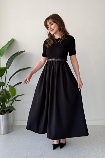 MaziButik Kısa Kol Kemerli Poplin Detay Elbise