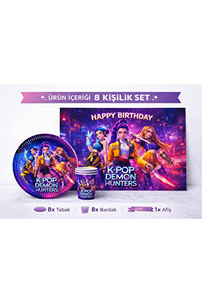 HAPPYLOOPPARTY Kpop Demon Hunters Avcı Temalı Afişli 8 Kişilik Doğum Günü Par...