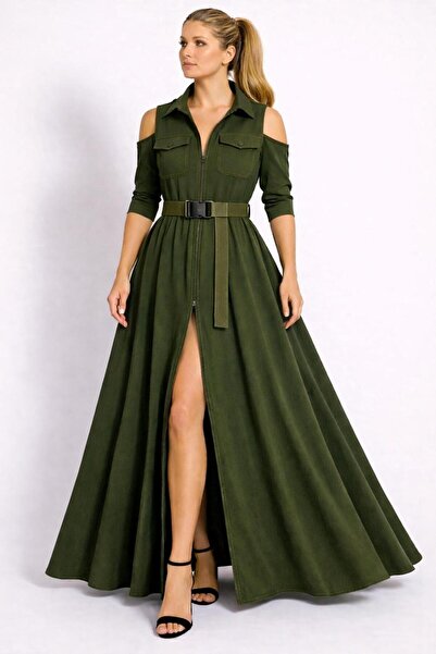 ALYEL NAKER Utility & Zipper Detailed Maxi Length Special Design Khaki Shirt ...