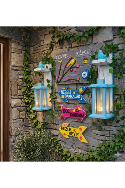 buraxe Kapı önü,ahşap karşılama dekorları,el yapımı tasarımlar,fener,pano,ok set