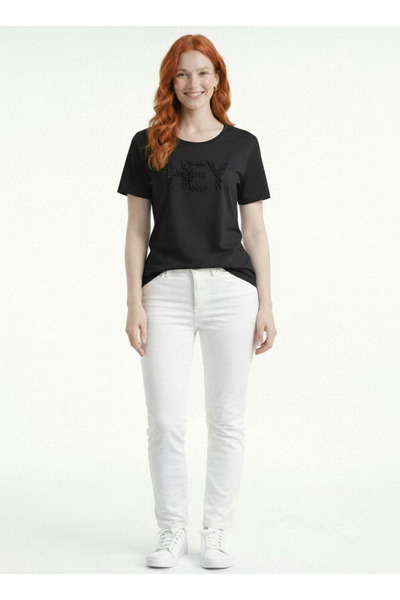 Neden Tekstil Γυναικείο βαμβακερό μαύρο μπλουζάκι με στρογγυλή λαιμόκοψη και ...