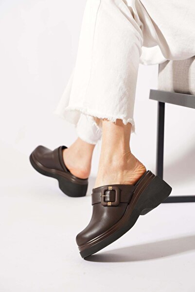 Moda Pie Berus Genuine Leather Side Buckle Closed Women's Slippers Brown Skin