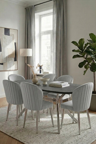 SANDERYA Grid Serisi Krom Ayaklı Aris Gri 85x170 Mutfak Salon Masa Takımı 6 S...