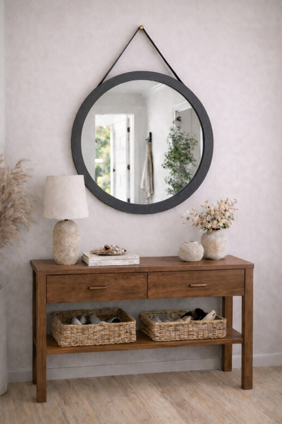 Digital Hayat Deri Askı Kayışlı Yuvarlak Ahşap Ayna - Doğal Ahşap Çerçeveli M...