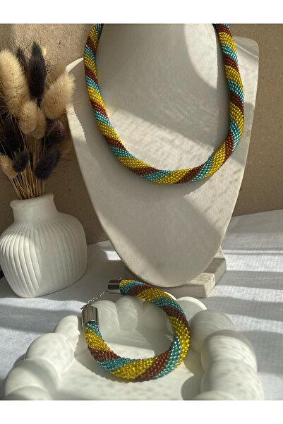 Handmade KUM BONCUK EL İŞİ GÜMÜŞ RENK KAPAMA KOLYE SET
