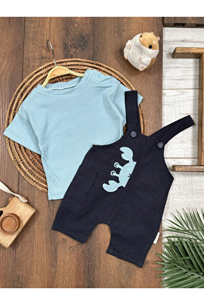 Bolly Baby Crab Embroidered Snap-On Shoulder Badi Summer Salopet Baby Boy Set