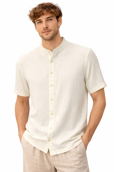 ince moda giyim Premium Keten Dokulu Hakim Yaka Erkek Gömlek – Slim Fit, Kısa...