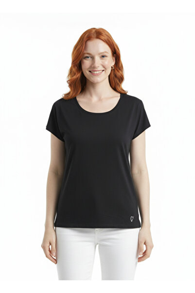 Neden Tekstil Μαύρο γυναικείο κοντομάνικο μπλουζάκι σε στενή γραμμή