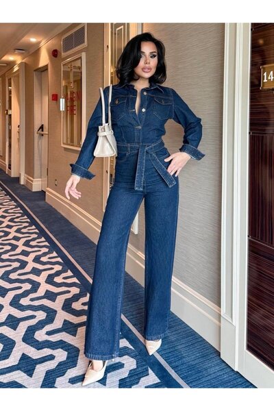Tulipabutik Belted Cape Denim Jumpsuit