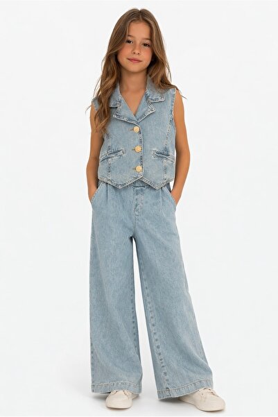 nk kids طقم لييمي للفتيات من قطعتين، سترة جينز ناعمة الملمس وبنطلون فضفاض